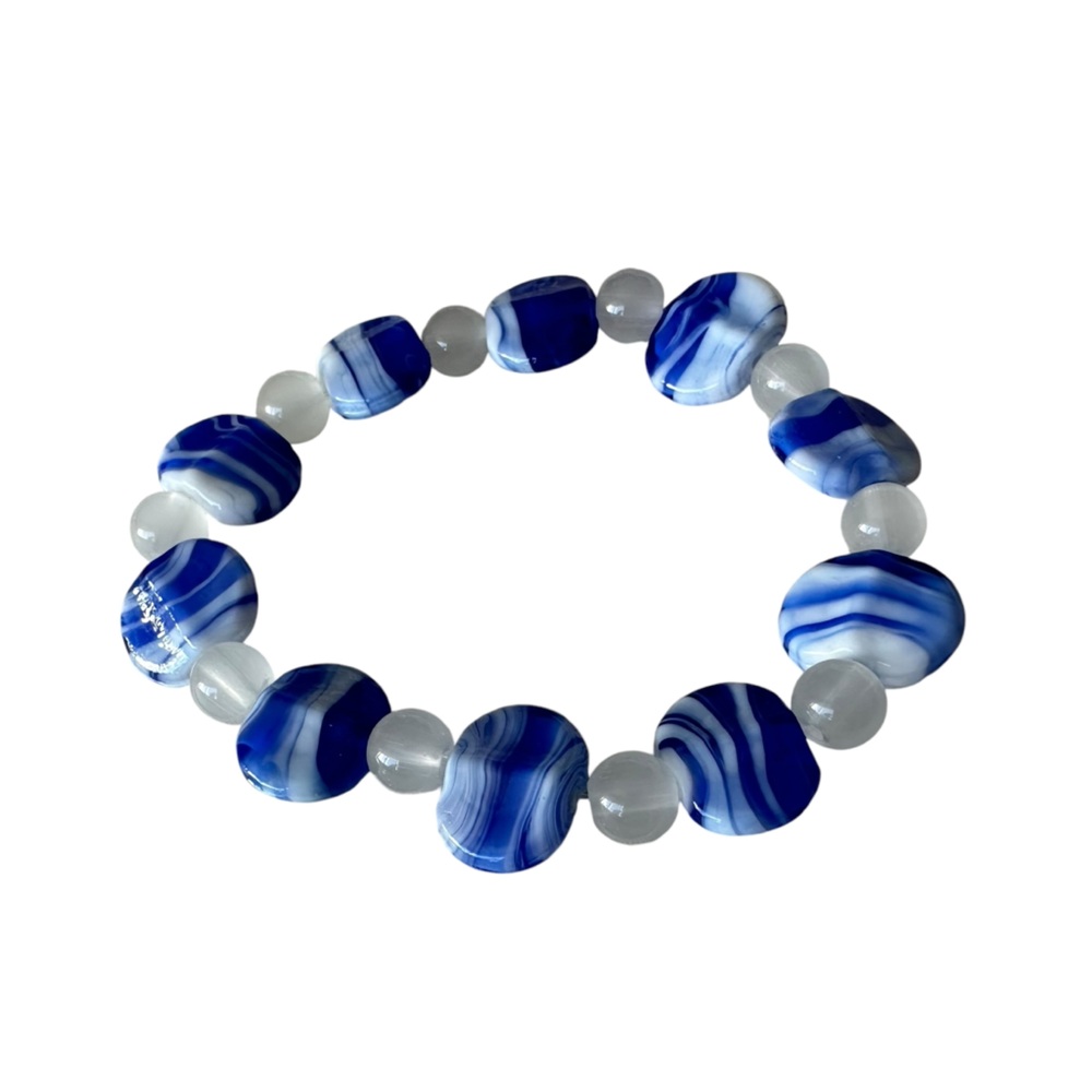 Blue and White Cloudy Sky Beaded Stretch Bracelet